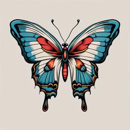 american traditional butterfly  simple color tattoo,white background,minimal