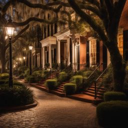 savannah's historic district - illustrate the enchanting night scene of savannah's historic district, with its cobblestone streets, spanish moss, and historic homes. 