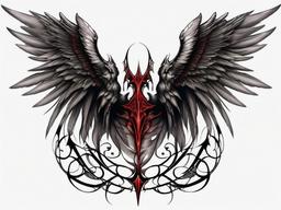 Fallen Angel Demon Wings Tattoo-Intriguing and symbolic tattoo featuring fallen angel wings with demonic elements, capturing themes of duality and balance.  simple color tattoo,white background