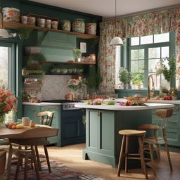 Cottagecore Comfort - Design a cozy cottagecore kitchen with floral patterns. , kitchen layout design ideas, multicoloured, photo realistic, hyper detail, high resolution,