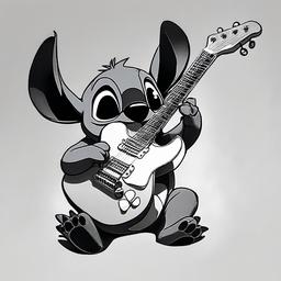 drawing of Stitch playing a guitar  minimal rough sketch scribbles,doodles,black and white