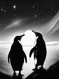 drawing of penguins looking up at the stars  minimal rough sketch scribbles,doodles,black and white