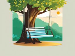 Tree with Swing in Summer Sticker - Tree with a swing in a summery scene, ,vector color sticker art,minimal