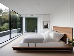 Minimalist bedroom with clean lines, white walls, and a simple platform bed creates a serene and clutter-free environment.  