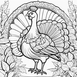 turkey coloring pages - a plump turkey struts proudly in a festive thanksgiving setting. 