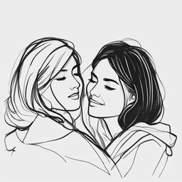 drawing of friends hugging  minimal rough sketch scribbles,doodles,black and white