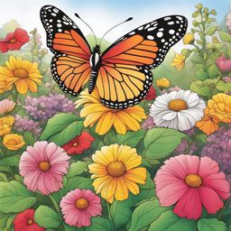 flower coloring pages - a butterfly flutters among colorful flowers in a sunny garden. 