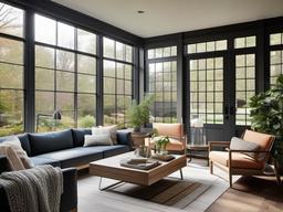 A sunroom with urban modern interior design highlights comfortable seating, large windows, and clean lines that create a bright and inviting space to enjoy the outdoors.  