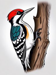 Woodpecker Tattoo - Woodpecker pecking rhythmically on a tree trunk  color tattoo design, clean white background