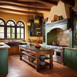 mediterranean kitchen with colorful tiles and wrought-iron details. 