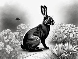 drawing of a rabbit in a garden  minimal rough sketch scribbles,doodles,black and white