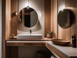 A small bathroom designed with Wabi Sabi interior design highlights natural wood accents, handmade soap dishes, and soft lighting that elevate the space into a tranquil and stylish retreat.  