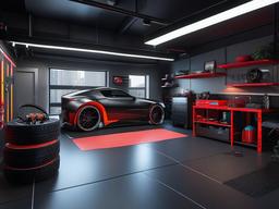 The garage features cyberpunk interior design with industrial storage solutions, bright accents, and a modern aesthetic that makes the space both functional and visually appealing.  