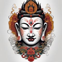 Half Buddha Half Demon Tattoo-Bold and cultural tattoo featuring a half Buddha and half demon design, showcasing traditional and symbolic aesthetics.  simple color tattoo,white background