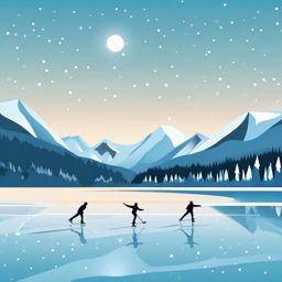 Frozen Lake and Ice Skaters Emoji Sticker - Winter joy on a glistening frozen lake, , sticker vector art, minimalist design