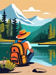 Backpacker Resting by a Lake Clipart - A backpacker resting by a picturesque lake.  color vector clipart, minimal style