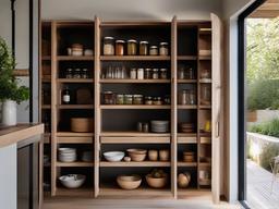 The pantry showcases Wabi Sabi interior design with natural shelving, simple storage solutions, and a focus on functionality that makes food storage both practical and visually appealing.  