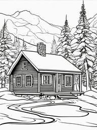 Winter Cabin with Smoke Coloring Pages - Cozy Cabin with Chimney Smoke  minimal black outline printable sheet, coloring page