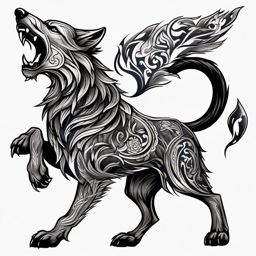 Fenrir Wolf Tattoo,tattoo of the fearsome Fenrir, a colossal and formidable wolf from Norse mythology. , color tattoo design, white clean background