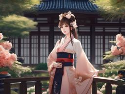 Elegant anime girl in a traditional tea garden. , aesthetic anime, portrait, centered, head and hair visible, pfp