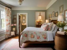 Cottage bedroom highlights cozy linens, antique accents, and floral prints, creating a quaint and charming atmosphere for relaxation.  