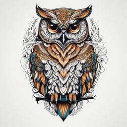 Fine Line Owl Tattoo - Showcase precision and elegance with a fine line owl-themed tattoo.  simple color tattoo,vector style,white background