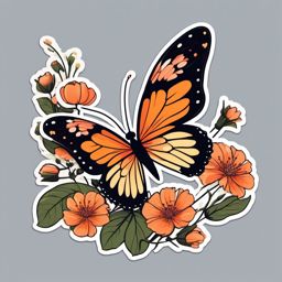 Butterfly and Blossoms Sticker - Butterfly fluttering near blooming flowers, ,vector color sticker art,minimal