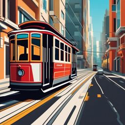 Cable Car Crossing Sticker - Urban transit scene, ,vector color sticker art,minimal