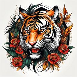 Tiger tattoo, Ferocious tiger tattoo, a symbol of power and protection. , tattoo color art, clean white background