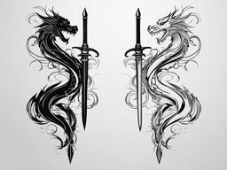 Dragon Sword Tattoo - Tattoos combining dragon imagery with swords or weapons.  simple color tattoo,minimalist,white background