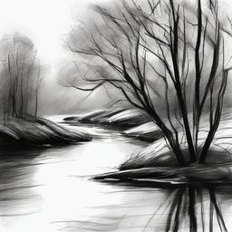 drawing of trees by a river  minimal rough sketch scribbles,doodles,black and white