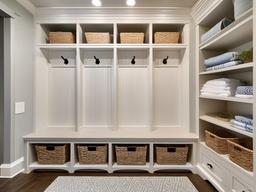 A mudroom designed with Hampton interior design includes built-in storage, light colors, and beachy accents that merge practicality with a fresh aesthetic.  