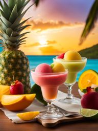 tropical fruit sorbet, a refreshing treat, savored on a sun-drenched caribbean beach. 