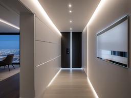 The hallway showcases High Tech interior design through smart lighting, sleek finishes, and minimalist decor, creating a modern passage that reflects cutting-edge design.  