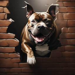 American bully dog breaking through wall in realism style