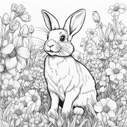 spring coloring pages - a bunny hops happily through a field of spring flowers. 