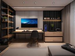 In the gamer room, Japandi interior design features a simple setup, functional furniture, and natural elements that create a serene and focused environment for gaming experiences.  