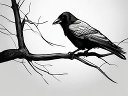 drawing of a crow in a tree  minimal rough sketch scribbles,doodles,black and white