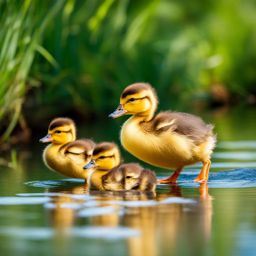 fluffy duckling family following their mother in a row. 