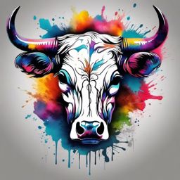 Watercolor cow skull tattoo: Vibrant hues, a splash of life.  black and white tattoo style