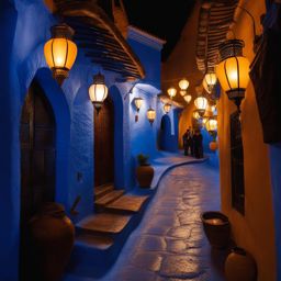 chefchaouen, morocco - imagine the blue city of chefchaouen bathed in the soft glow of lanterns, creating an enchanting atmosphere. 