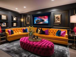 Hollywood Regency gamer room showcases plush seating, decorative accents, and vibrant colors, creating an upscale yet comfortable atmosphere for gaming.  