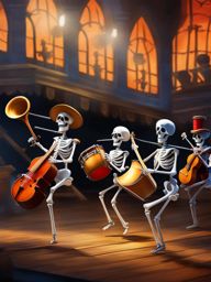 skeleton band performance - paint a lively performance by a band of animated skeletons playing spooky tunes. 