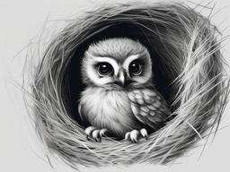 drawing of a baby owl in a nest  minimal rough sketch scribbles,doodles,black and white