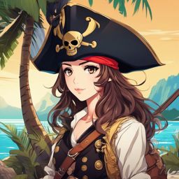 Bold anime pirate on a treasure hunt island.  front facing ,centered portrait shot, cute anime color style, pfp, full face visible