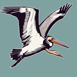 Pelican Sticker - A pelican soaring through the sky with its distinctive beak, ,vector color sticker art,minimal