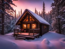 chocolate cherry cordial ice cream relished at a cozy cabin in a snowy forest. 