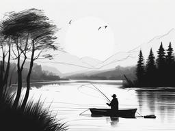 drawing of a man fishing by the lake  minimal rough sketch scribbles,doodles,black and white