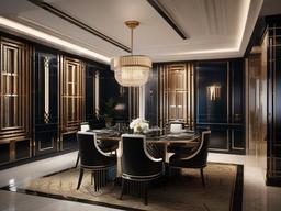 Art deco dining room with geometric patterns and luxurious finishes.  