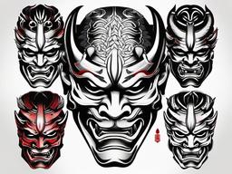 Oni Mask Samurai Tattoo - Features the iconic Oni mask alongside samurai motifs in tattoo art.  simple color tattoo,white background,minimal